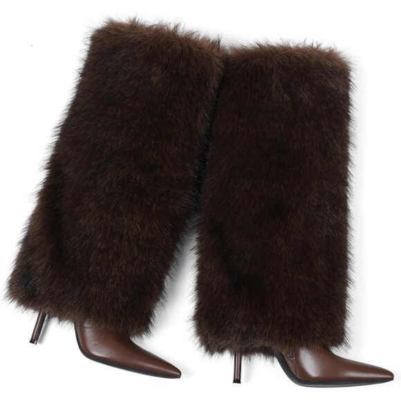 Women's B-Brown Suede Fur Knee High Heels Wide Calf Fold Fashion Boots Shoes - Picture 5 of 7
